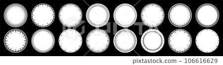 Mechanical clock faces, bezel. Watch dial with minute and hour marks. Timer or stopwatch element. Blank measuring circle scale with divisions. Vector illustration. Mechanical clock faces, bezel. Watch dial with minute and hour marks. Timer or stopwatch element. Blank measuring circle scale with divisions. Vector illustration. 106616629
