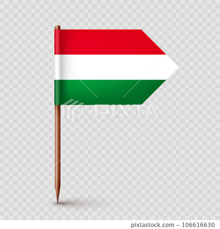 Realistic Hungarian toothpick flag. Souvenir from Hungary. Wooden toothpick with paper flag. Location mark, map pointer. Blank mockup for advertising and promotions. Vector illustration Realistic Hungarian toothpick flag. Souvenir from Hungary. Wooden toothpick with paper flag. Location mark, map pointer. Blank mockup for advertising and promotions. Vector illustration 106616630
