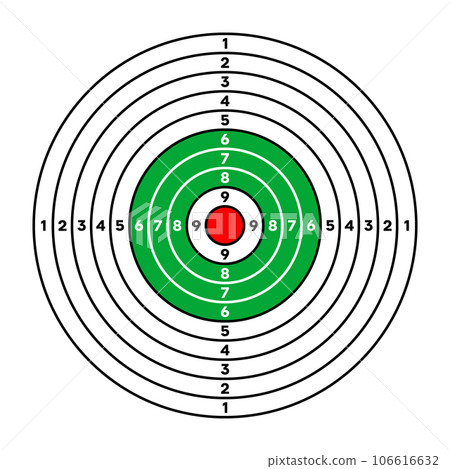 Shooting range paper target with divisions, marks and numbers. Archery, gun shooting practise and training, sport competition and hunting. Bullseye and aim. Vector illustration Shooting range paper target with divisions, marks and numbers. Archery, gun shooting practise and training, sport competition and hunting. Bullseye and aim. Vector illustration 106616632