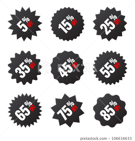 Price tags collection, special offer or shopping discount label with percent, discount percentage value. Black turned retail paper sticker. Promotional sale badge. Vector illustration 106616633