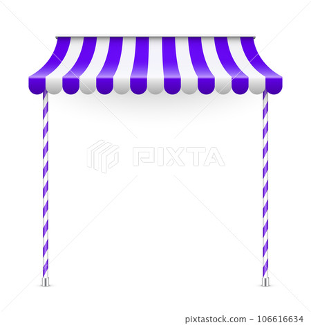 Violet shop sunshade with stand holders. Realistic striped cafe awning. Outdoor market tent. Roof canopy. Summer street store. Vector illustration Violet shop sunshade with stand holders. Realistic striped cafe awning. Outdoor market tent. Roof canopy. Summer street store. Vector illustration 106616634