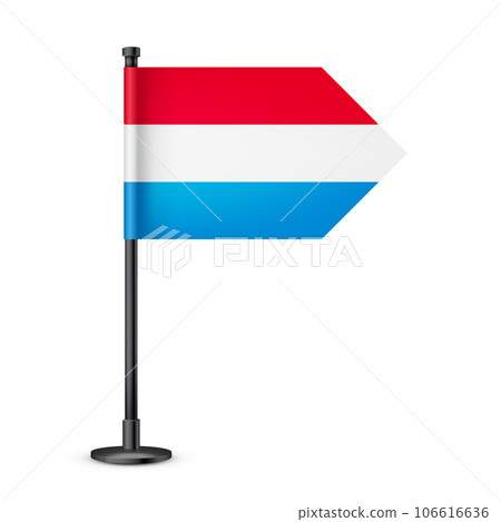 Luxembourgish table flag on a black steel pole. Souvenir from Luxembourg. Desk flag made of paper or fabric, shiny metal stand. Mockup for promotion and advertising. Vector illustration 106616636