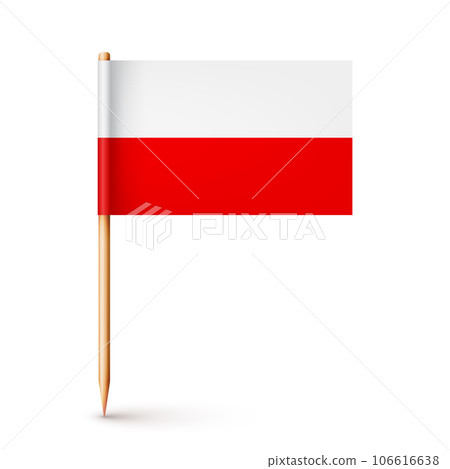 Polish toothpick flag. Souvenir from Poland. Wooden toothpick with paper flag. Location mark, map pointer. Blank mockup for advertising and promotions. Vector illustration 106616638