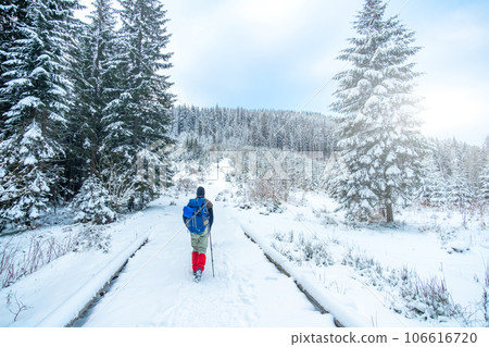 Lonely tourist start to ascend snowy mountain 106616720