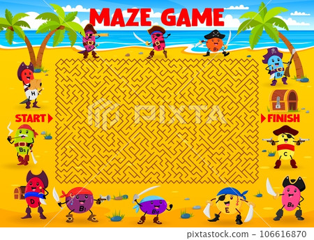 Labyrinth maze game, help to cartoon vitamin and micronutrient pirate characters save the treasure chest. Kids riddle vector worksheet with N, B3, C, E and D, H vitamin pirate dragee cute personages Labyrinth maze game, help to cartoon vitamin and micronutrient pirate characters save the treasure chest. Kids riddle vector worksheet with N, B3, C, E and D, H vitamin pirate dragee cute personages 106616870