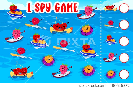 I spy game worksheet. Cartoon funny berry characters on summer vacation. Counting playing activity or game vector worksheet with strawberry, cherry, raspberry cute personages surfing, riding jet ski 106616872