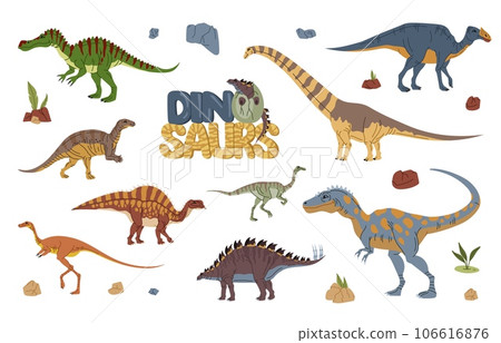 Cartoon dinosaur characters. Prehistoric dinosaur, paleontology lizard colorful Baryonyx, Aralosaurus, Brachiosaurus, Probactrosaurus and Ouranosaurus, Elaphrosaurus isolated vector funny personages 106616876