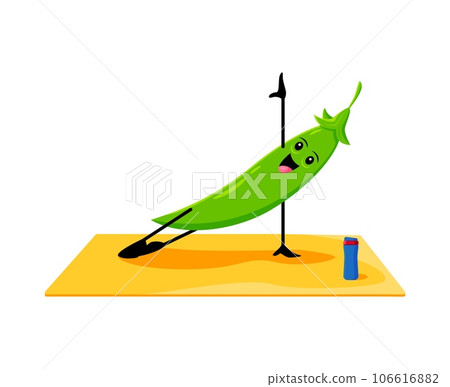 Cartoon green peas vegetable character on yoga fitness sport standing on one arm on mat. Vector raw veggies promotes the harmony between nature, mindfulness, and healthy living, exercising with fun Cartoon green peas vegetable character on yoga fitness sport standing on one arm on mat. Vector raw veggies promotes the harmony between nature, mindfulness, and healthy living, exercising with fun 106616882
