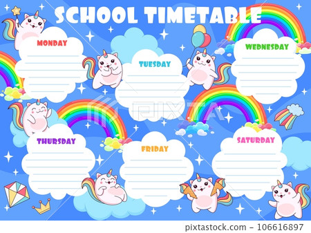 Education timetable schedule. Cartoon caticorn cat and kitten characters on sky clouds. School vector lesson planner template with cute kawaii feline unicorn on rainbow. Kid time table organizer frame 106616897