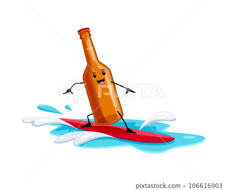 Cartoon mezcal bottle surfer character on summer vacation. Vector glass brown flask personage having outdoor fun at sea resort riding surf board and catching sea waves. Healthy relax in ocean 106616903