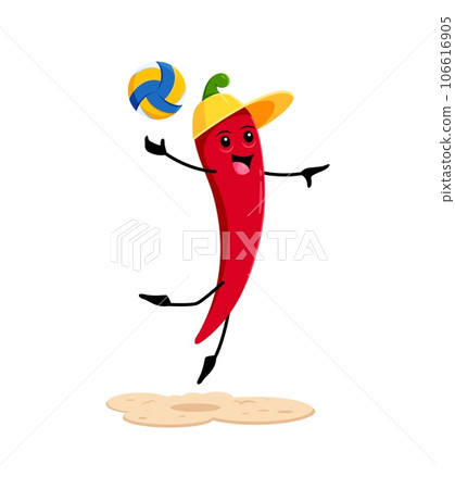Cartoon red hot chilli pepper playing with ball on beach during summer vacation. Isolated vector guindilla personage enjoying volleyball outdoor sparetime activities at coastal resort or sea holidays 106616905