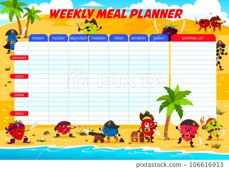 Weekly meal planner with berry pirates and corsairs characters. Vector food plan for week. Calendar menu with cherry, blueberry, gooseberry and grape. Cranberry, raspberry or strawberry buccaneers Weekly meal planner with berry pirates and corsairs characters. Vector food plan for week. Calendar menu with cherry, blueberry, gooseberry and grape. Cranberry, raspberry or strawberry buccaneers 106616913
