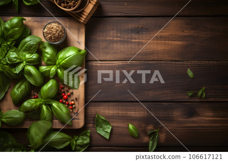 Basil and other spicy on a wooden table. Neural network AI generated 106617121