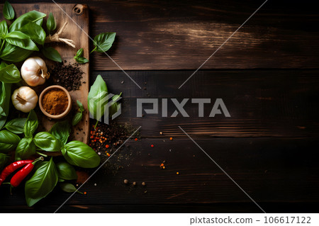Basil and other spicy on a wooden table. Neural network AI generated 106617122