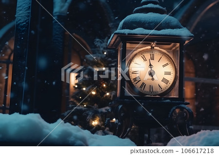 Vintage clock outdoors in winter. Neural network AI generated 106617218