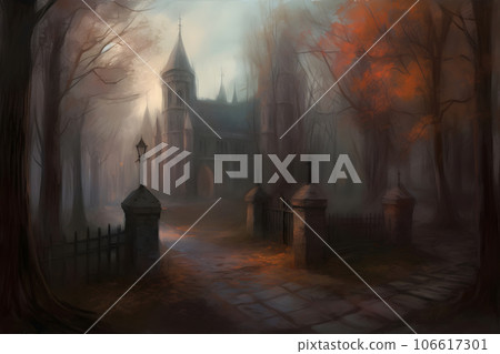 View of old cemetery park in the mist. Neural network AI generated 106617301