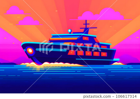 Retrowave style neon yacht, Futuristic synthwave. Neural network AI generated 106617314