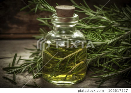 Bottles of pine essential oil and tree branch. Neural network AI generated 106617327