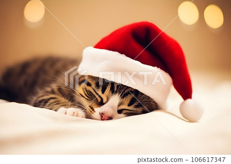 Cute kitten sleeps in a Christmas hat. Neural network AI generated Cute kitten sleeps in a Christmas hat. Neural network AI generated 106617347