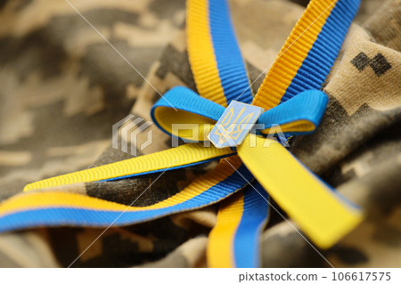 Military camouflage fabric with ukrainian stripes on ribbon 106617575
