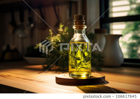 Sage oil on the kitchen table with soft background 106617645