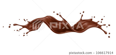 Realistic liquid brown chocolate wave splash. Isolated 3d vector delicious treat for the senses, rich and velvety with a burst of cocoa goodness. Brown choco swirl with drops, irresistible indulgence 106617914