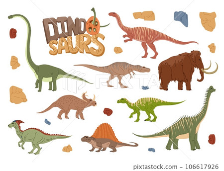 Cartoon dinosaur characters with vector dino egg and baby brachiosaurus. Vector prehistoric animal personages set with cute mammoth, parasaur, iguanodon and dimetrodon, centrosaurus, plateosaurus Cartoon dinosaur characters with vector dino egg and baby brachiosaurus. Vector prehistoric animal personages set with cute mammoth, parasaur, iguanodon and dimetrodon, centrosaurus, plateosaurus 106617926