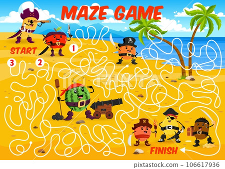 Labyrinth maze game. Cartoon fruit pirates and corsairs characters with treasure chest. Vector boardgame with funny mango, apple, watermelon, quince, orange, kiwi and peach with loot on tangled path 106617936