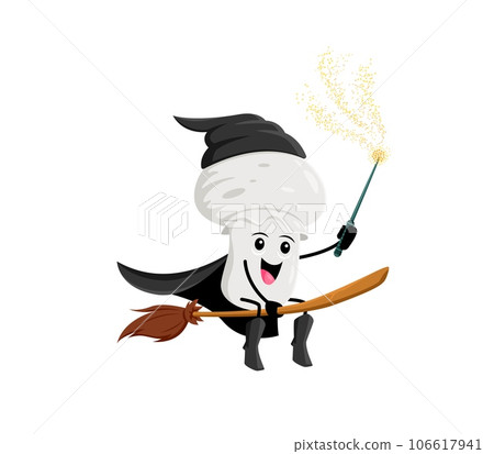 Cartoon Halloween champignon wizard mushroom character. Isolated vector mysterious fungus with magic wand soaring through the sky on a broomstick, exuding an aura of magic and enchantment 106617941