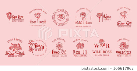 Rose minimal icons. Natural cosmetics, rose oil, beauty care and flower shop symbols set. Vector outline floral emblems with blooming flower branches and bouquets, blossom petals and leaves Rose minimal icons. Natural cosmetics, rose oil, beauty care and flower shop symbols set. Vector outline floral emblems with blooming flower branches and bouquets, blossom petals and leaves 106617962