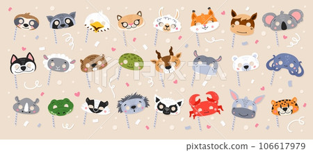 Kids carnival party animal masks with cartoon cute faces, vector fox, cat and panda. Children carnival costume masks of happy zoo characters, koala with beaver or raccoon and donkey or crocodile 106617979