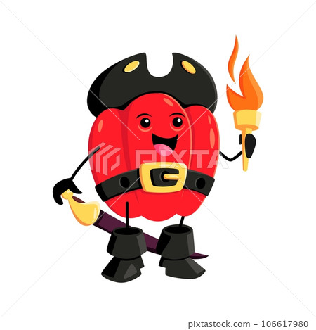 Cartoon paprika pirate and corsair vegetable character holding a torch, ready to explore mysterious caves and hidden treasures. Isolated vector red bell pepper veggies buccaneer captain personage Cartoon paprika pirate and corsair vegetable character holding a torch, ready to explore mysterious caves and hidden treasures. Isolated vector red bell pepper veggies buccaneer captain personage 106617980