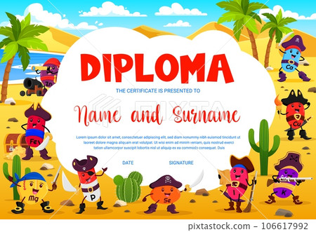 Kids diploma, cartoon vitamins and micronutrients pirate characters. Education school or kindergarten certificate vector template with P, Se, Ca or Zn, I and K. Mg, Fe, or Cu on island, award frame Kids diploma, cartoon vitamins and micronutrients pirate characters. Education school or kindergarten certificate vector template with P, Se, Ca or Zn, I and K. Mg, Fe, or Cu on island, award frame 106617992