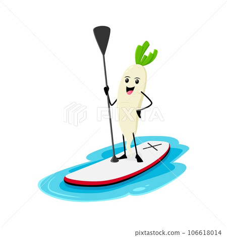 Cartoon cheerful daikon radish vegetable character on a sup board with paddle in hand, enjoying summer vacation. Isolated vector happy ripe veggies personage steering towards fun during the holidays 106618014