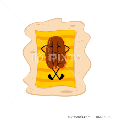 Cartoon cheerful pekan nut character sunbathing on a towel during a summer beach vacation. Vector joyful kernel personage basking in the warm sun with a cheerful smile, tanning on seaside 106618020