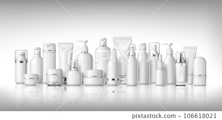 Mockups of beauty cosmetics products. White package containers. Realistic 3d vector blank plastic bottles, cream jars or tubes, deodorant, liquid soap, sprayer, pump packs stand on reflective surface Mockups of beauty cosmetics products. White package containers. Realistic 3d vector blank plastic bottles, cream jars or tubes, deodorant, liquid soap, sprayer, pump packs stand on reflective surface 106618021