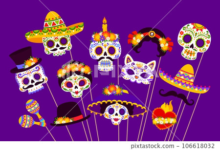 Mexican day of dead photo booth masks. Dia de los muertos holiday party masks. Vector calavera sugar skulls, sombrero, mustaches and cat head with maracas and hat with intricate and vibrant details Mexican day of dead photo booth masks. Dia de los muertos holiday party masks. Vector calavera sugar skulls, sombrero, mustaches and cat head with maracas and hat with intricate and vibrant details 106618032