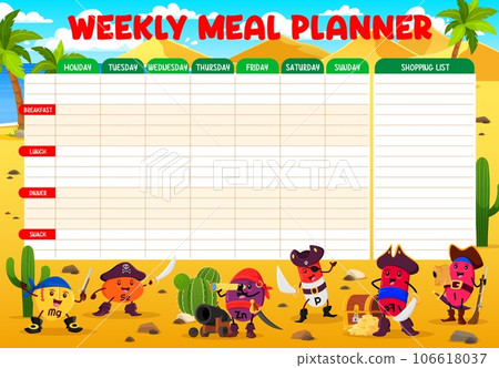 Weekly meal planner, cartoon vitamins and micronutrients pirate characters. Vector Mg, Se, Zn, P, Fe and I supplement capsule corsairs on treasure island. Schedule, organizer check list for dieting 106618037