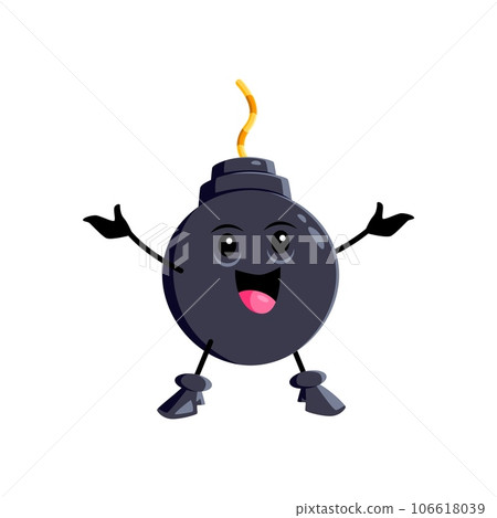 Cartoon happy bomb character, explosive weapon personage with wick or fuse, big smile and expressive eyes radiating happiness and energy. Isolated vector emoticon with wide open smile and raised hands Cartoon happy bomb character, explosive weapon personage with wick or fuse, big smile and expressive eyes radiating happiness and energy. Isolated vector emoticon with wide open smile and raised hands 106618039