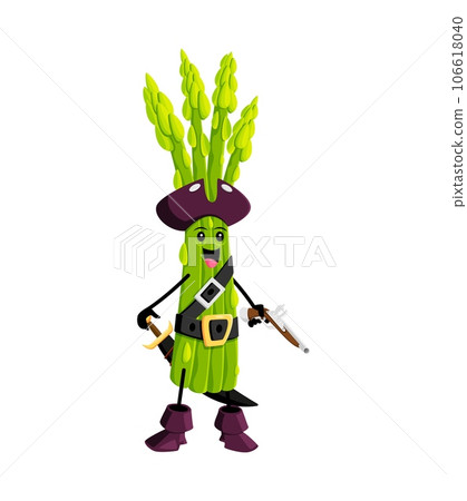 Cartoon asparagus pirate and corsair vegetable character. Isolated vector playful veggies personage with a swashbuckling hat and a mischievous smile, ready to plunder the kingdom with a sword and gun Cartoon asparagus pirate and corsair vegetable character. Isolated vector playful veggies personage with a swashbuckling hat and a mischievous smile, ready to plunder the kingdom with a sword and gun 106618040