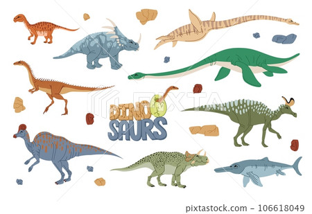 Cartoon dinosaur characters, vector prehistoric animals, dino baby and egg. Cute elaphrosaurus, ichthyosaurus, plesiosaurus and avaceratops, mussaurus, styracosaurus, lambeosaurus and corythosaurus 106618049