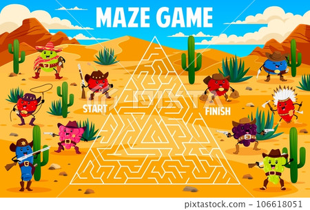 Western labyrinth maze, help to cartoon berry sheriff and ranger catch bandit, vector puzzle game. Kids worksheet to find way for cranberry sheriff to blueberry and blackberry robber in labyrinth maze Western labyrinth maze, help to cartoon berry sheriff and ranger catch bandit, vector puzzle game. Kids worksheet to find way for cranberry sheriff to blueberry and blackberry robber in labyrinth maze 106618051
