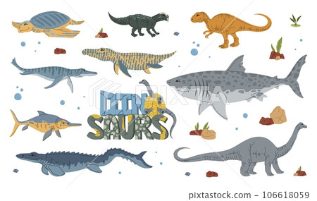 Cartoon dinosaur characters, Jurassic park dino reptiles and lizards, vector kids monsters. Dinosaurs and extinct reptiles of Jurassic aquatic creatures, brontosaurus and T-rex tyrannosaurus 106618059