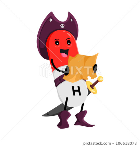 Cartoon biotin micronutrient, vitamin H pirate or corsair character with treasure map. Isolated vector pill in captain hat with sword searching gold on secret island. Funny medical supplement capsule 106618078