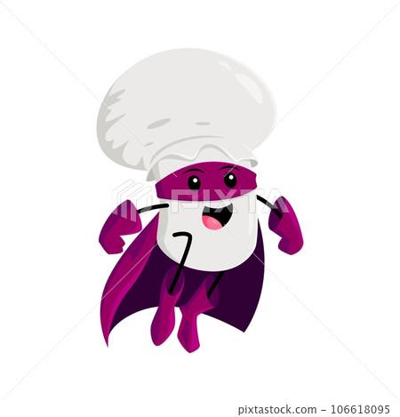 Cartoon cheerful champignon mushroom superhero character. Mushroom warrior or defender isolated vector funny mascot. Champignon strong hero comical personage flying in violet cape and mask Cartoon cheerful champignon mushroom superhero character. Mushroom warrior or defender isolated vector funny mascot. Champignon strong hero comical personage flying in violet cape and mask 106618095