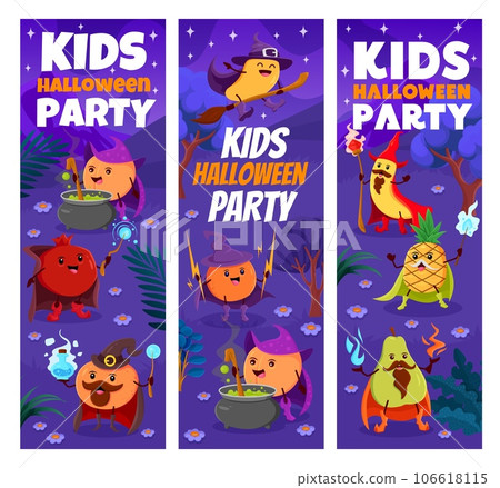 Halloween holiday kids party. Cartoon fruit wizards and mages at night forest. Vector vertical banners with peach, garnet, orange and mango. Banana, pineapple and pear warlocks wearing wiz attire Halloween holiday kids party. Cartoon fruit wizards and mages at night forest. Vector vertical banners with peach, garnet, orange and mango. Banana, pineapple and pear warlocks wearing wiz attire 106618115