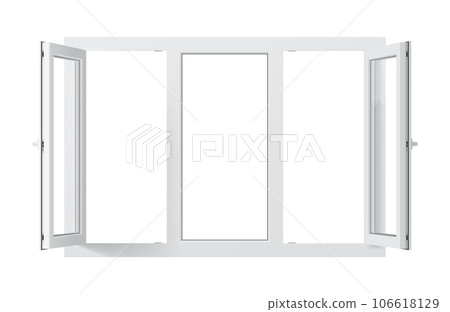 Realistic pvc window with double-glazed glass and authentic-looking hardware, two open casements and durable frame. Isolated 3d vector energy-efficient design for home, office or building project 106618129