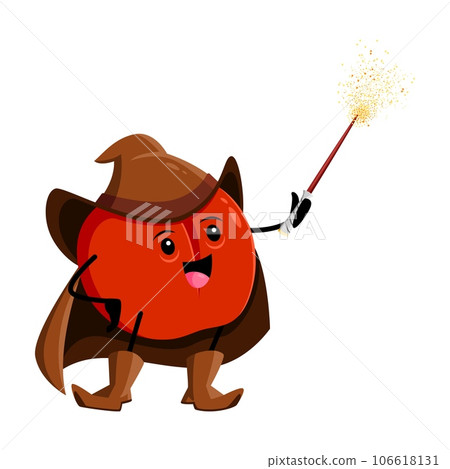 Cartoon red apple fruit wizard or magician character. Vector necromancer personage with magic wand. Funny wiz in brown cape and hat with playful smiling face. Cute sorcerer garden fruit, healthy food Cartoon red apple fruit wizard or magician character. Vector necromancer personage with magic wand. Funny wiz in brown cape and hat with playful smiling face. Cute sorcerer garden fruit, healthy food 106618131