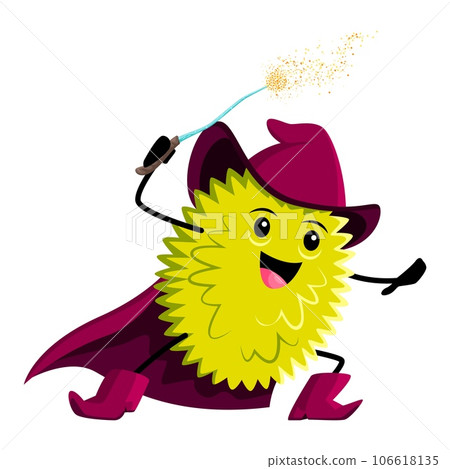 Cartoon tropical jack fruit or durian wizard, mage, warlock or magician character. Funny vector sorcerer, magic personage in purple hat and cape. Smiling wiz, fresh juicy enchanter or necromancer 106618135