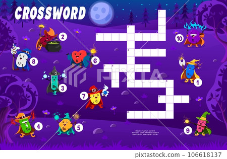 Crossword quiz game, find a color of cartoon vitamin wizards and sorcerers in Halloween forest. Vector cross word worksheet with colorful micronutrient capsules P, D, U, B9 and C, B2, B6, E, K and A 106618137